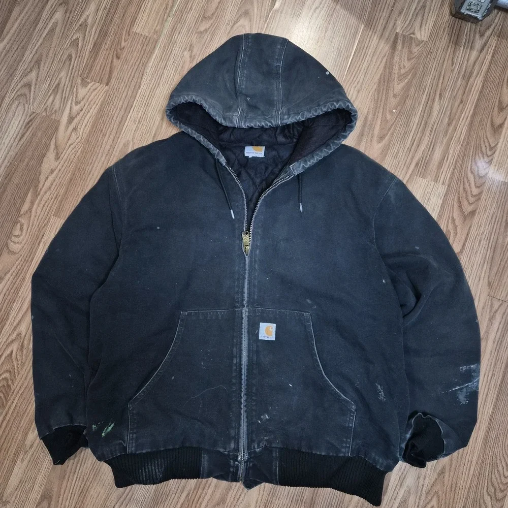 Vintage Carhartt Hooded Zip Duck Jacket Men's XLarge J140 Black Distressed Faded